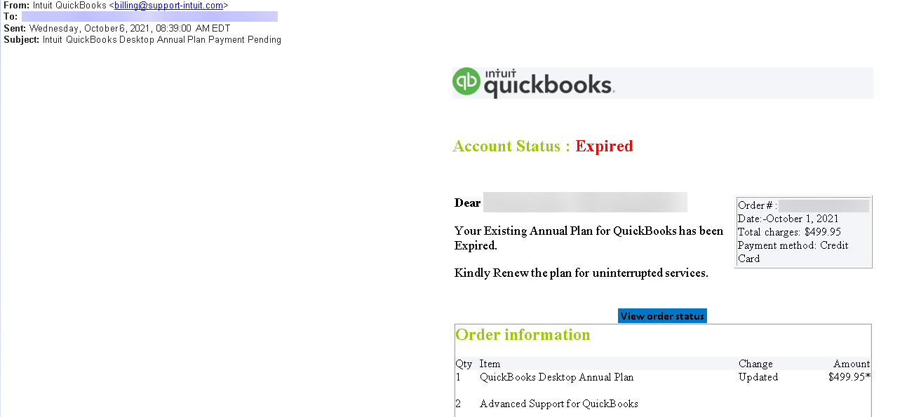 PHISHING EMAIL: Intuit QuickBooks Desktop Annual Plan Payment Pending