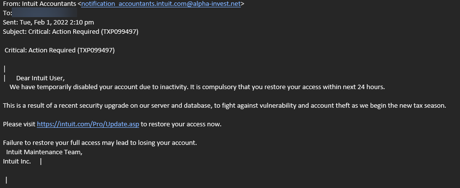 PHISHING EMAIL: Critical: Action Required (TXP099497)