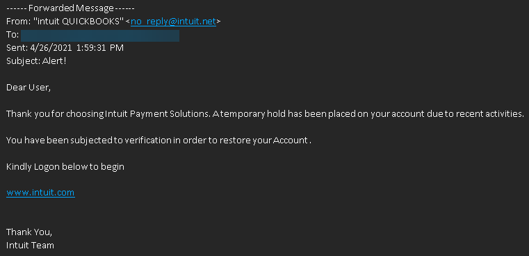 PHISHING EMAIL: Quickbooks Support has sent you the document 'Credit Card-Quickbooks Payment Authorization For Service Support' to sign