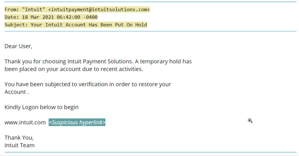 PHISHING EMAIL: Your Intuit Account Has Been Put On Hold